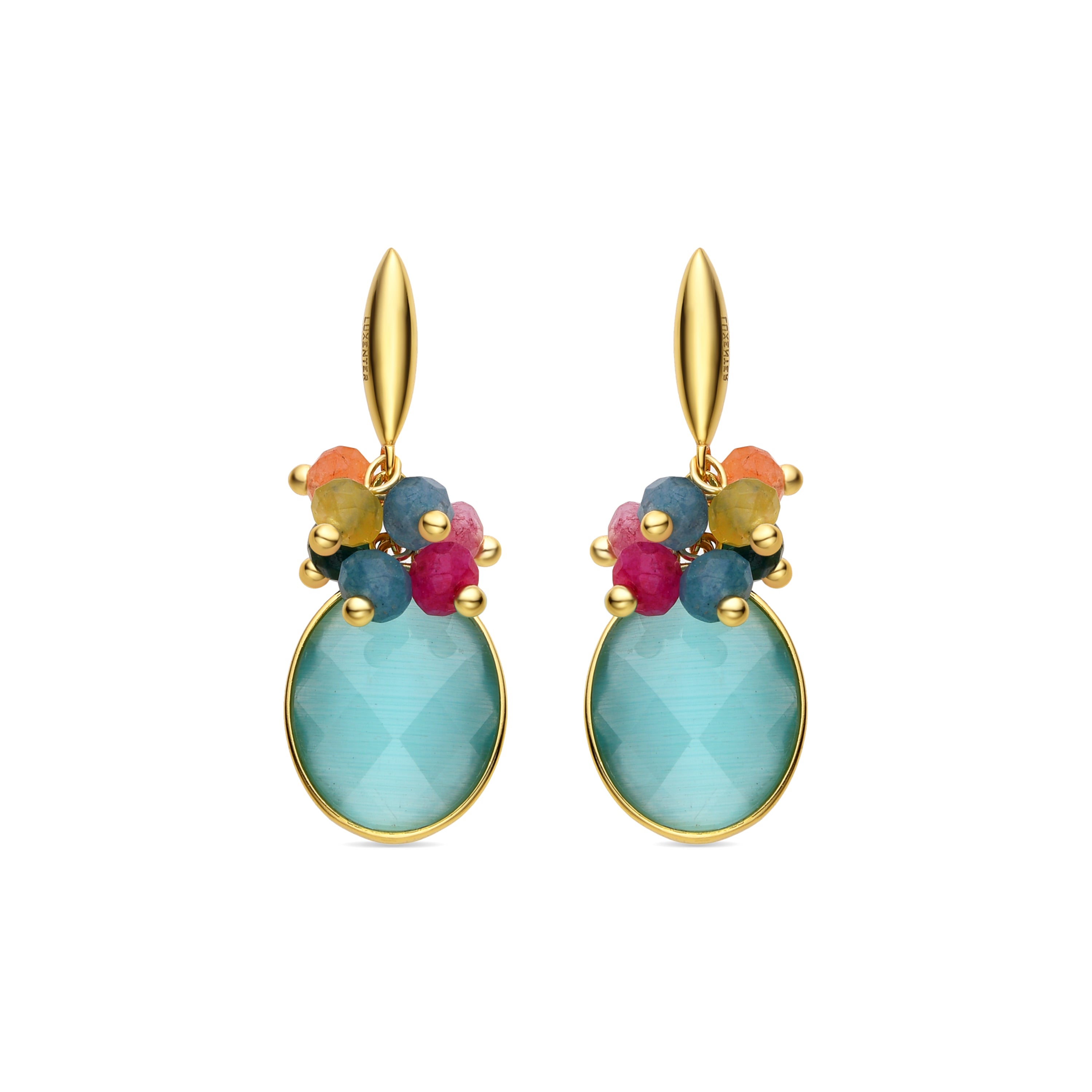 Pendientes de Plata de Ley 925 y Ojo de Gato Azul acabados en oro amarillo de 18k - Reoli