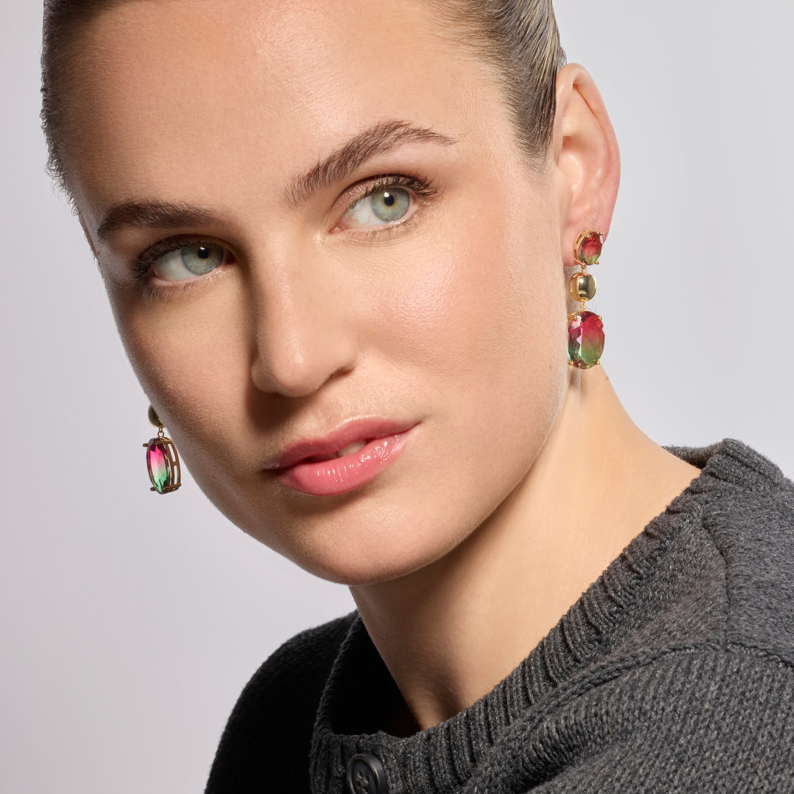 Pendientes de Plata de Ley 925 y Cuarzo Hidrotermal Turmalina acabado oro amarillo de 18k - Huaba