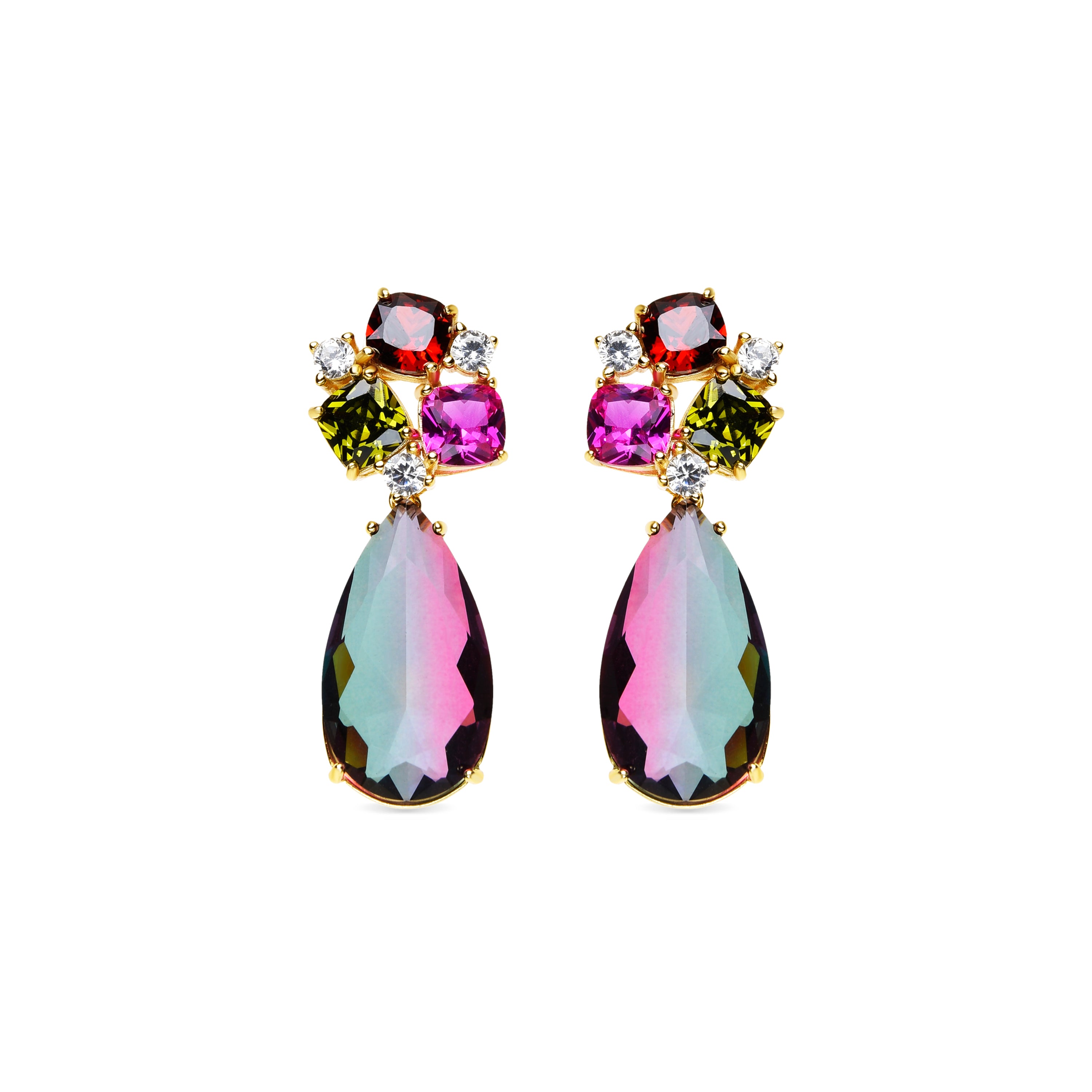 Pendientes de Plata de Ley 925 y Cuarzo Hidrotermal Turmalina acabado oro amarillo de 18k - Sarabal