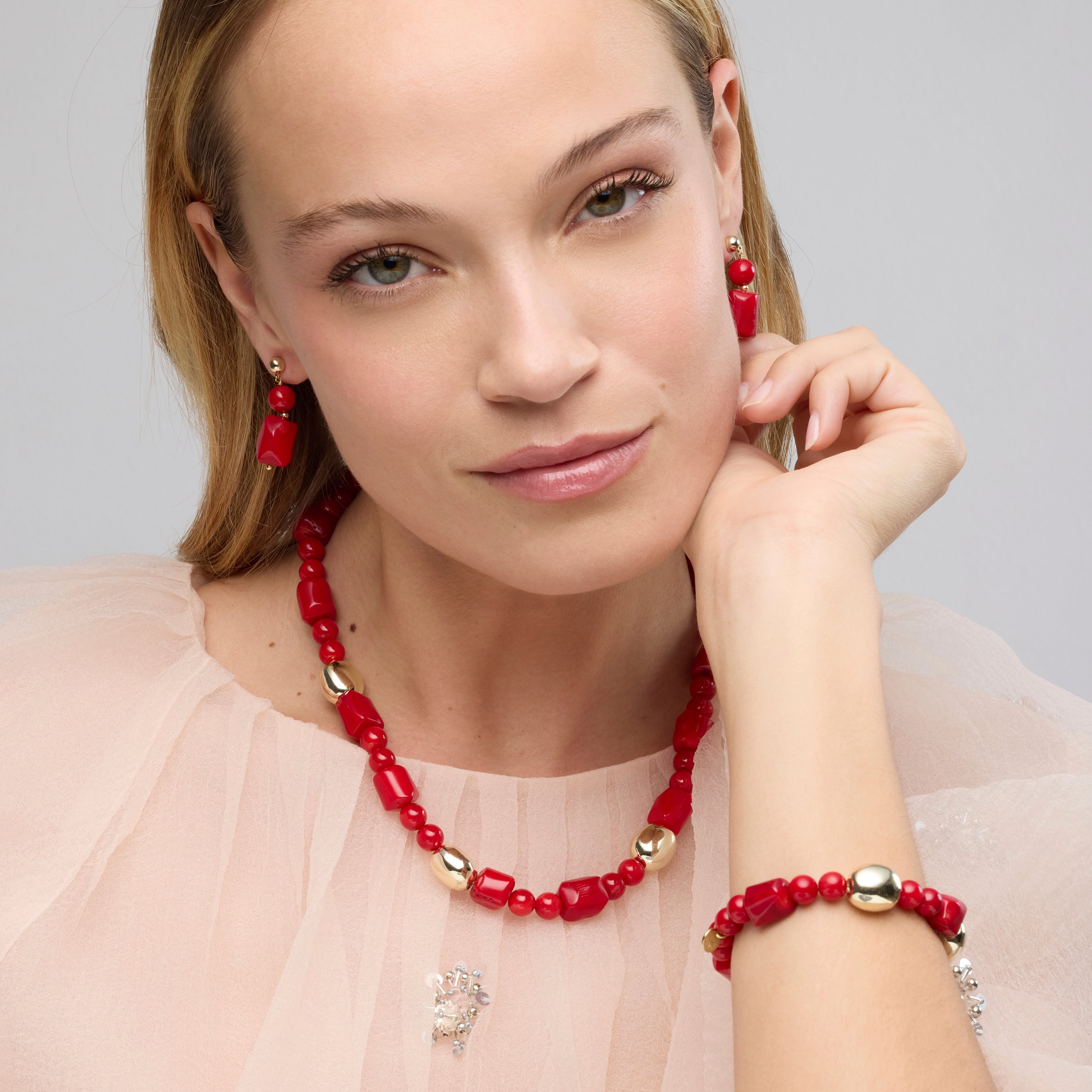 Pendientes de Plata de Ley 925 y Coral acabado oro amarillo de 18k - Caheart