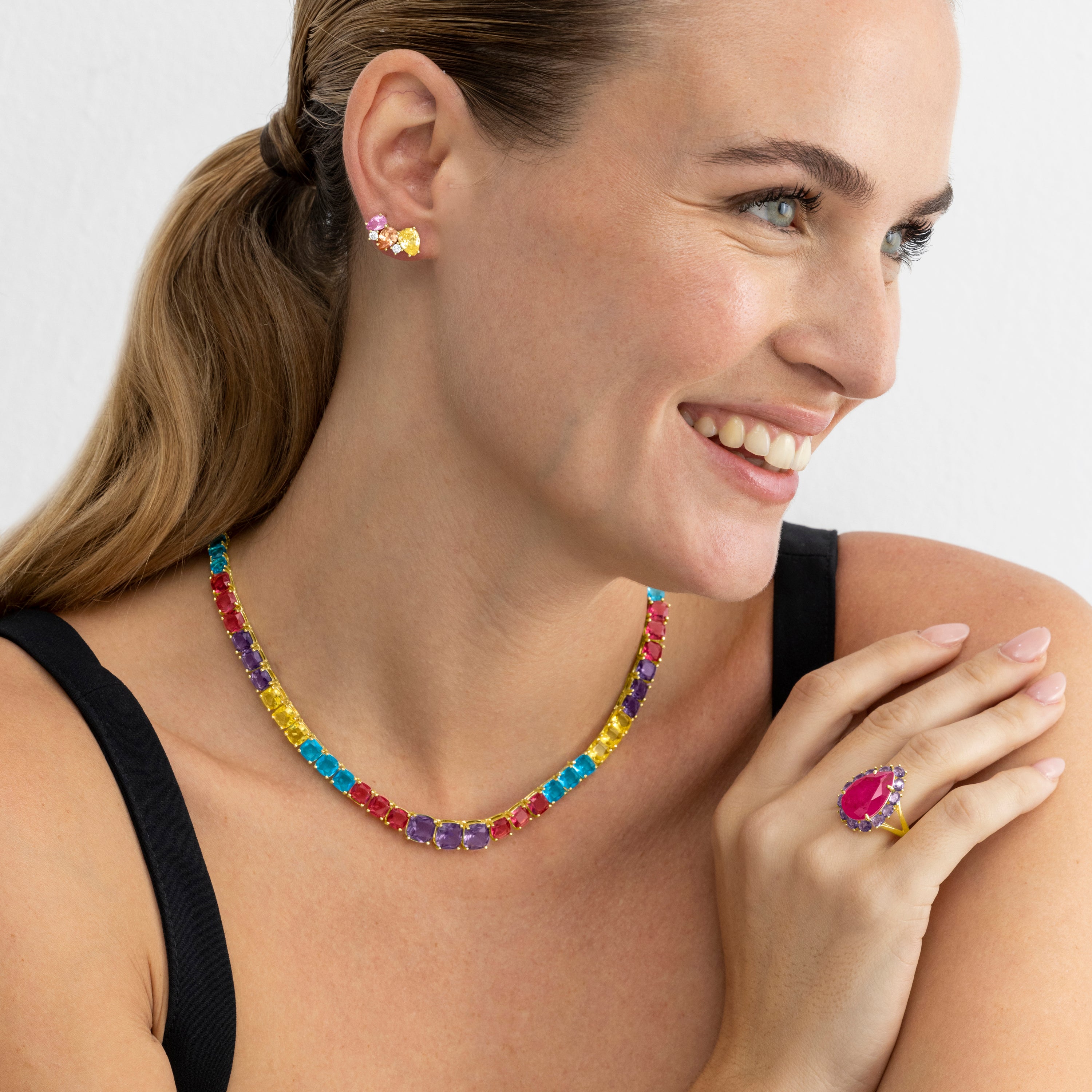 Anillo de Plata de Ley 925 y Cuarzo Hidrotermal Multicolor acabado oro 18k - Soreus