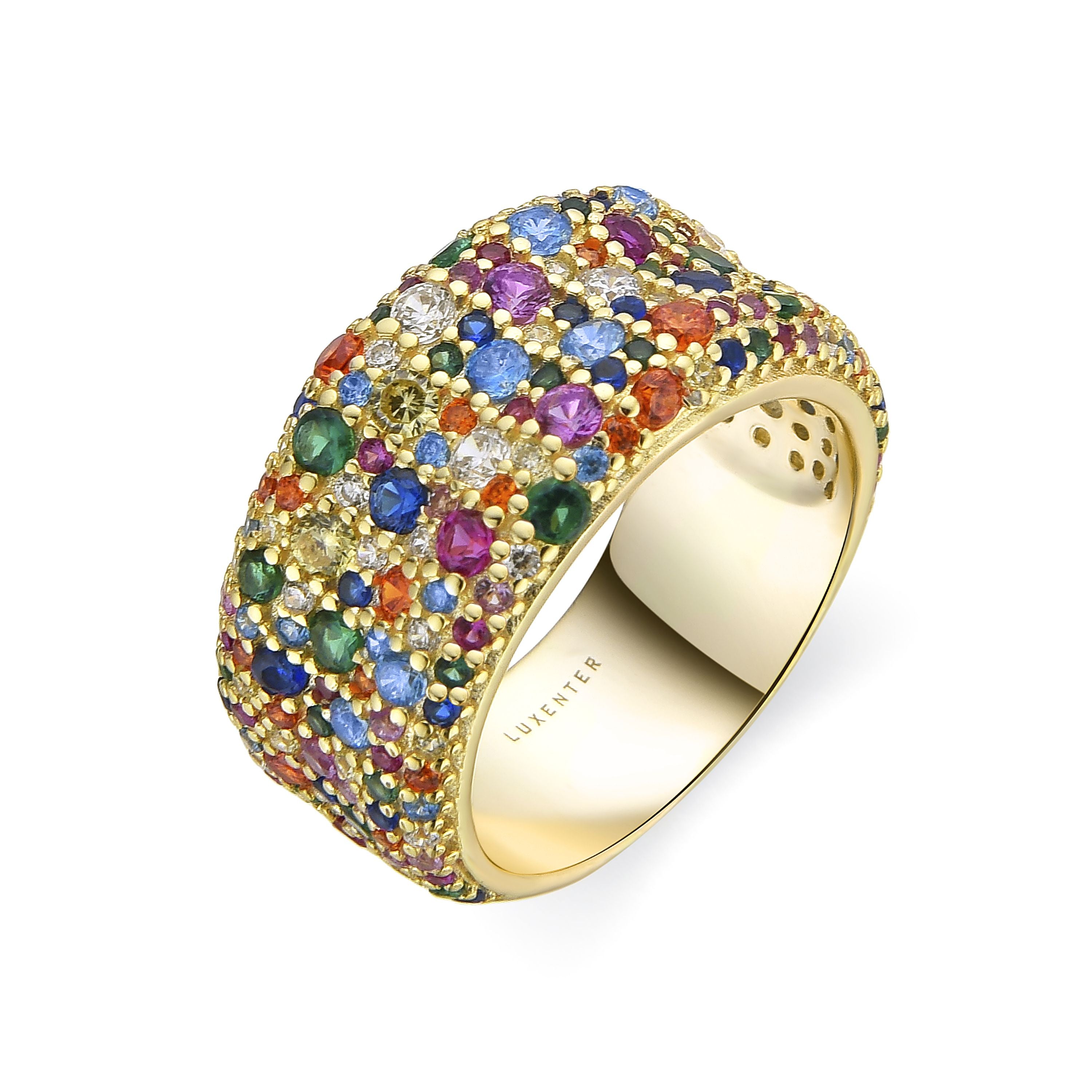 Anillo de Plata de Ley 925 y Circonita Multicolor acabado en oro amarillo de 18k - Kibek