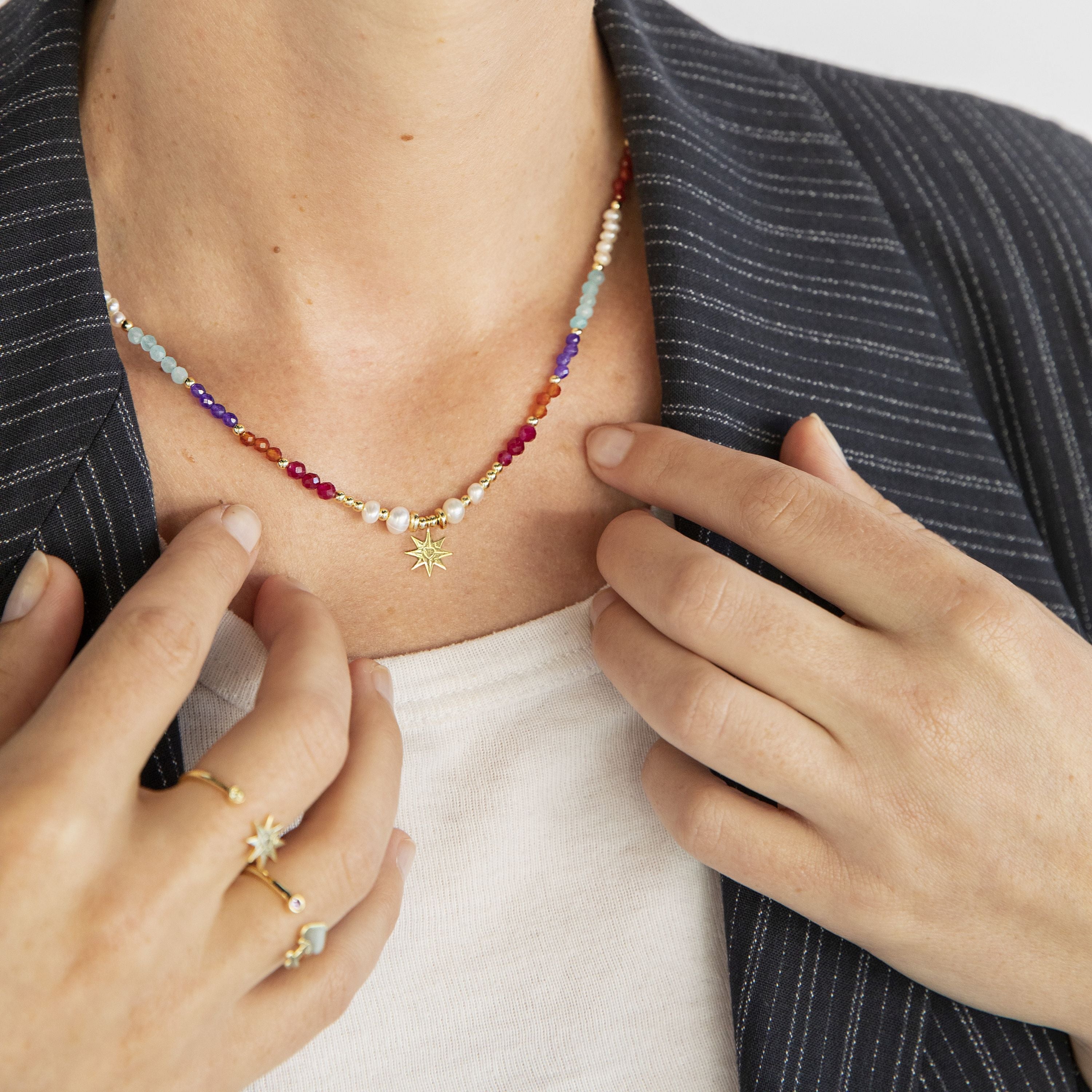 Collar de Plata de Ley 925 con Cristal Multicolor acabado en oro amarillo de 18K - Shasha