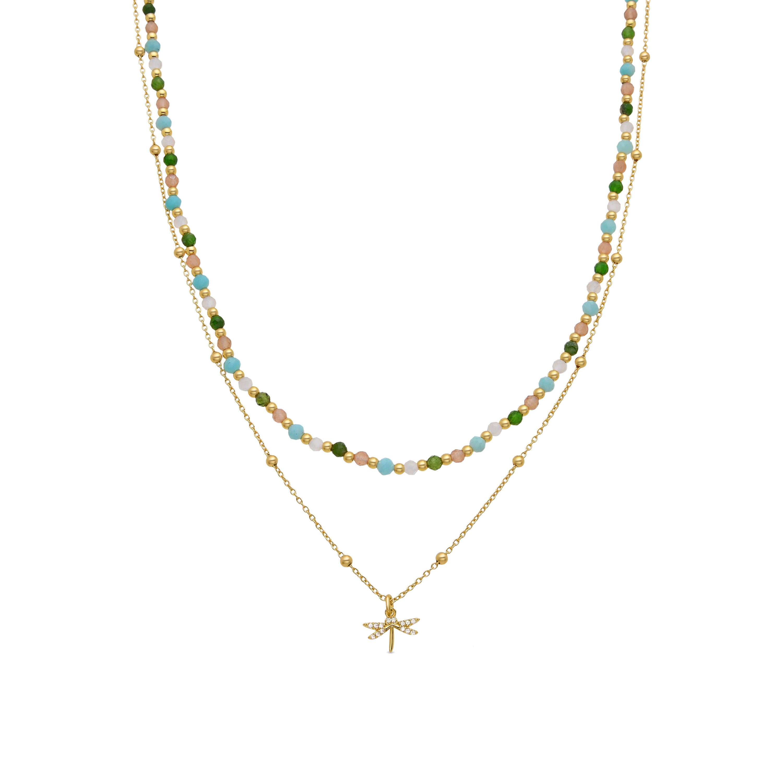 Collar de Plata de Ley 925 y Cristal Verde acabado en oro amarillo de 18k - Libelula