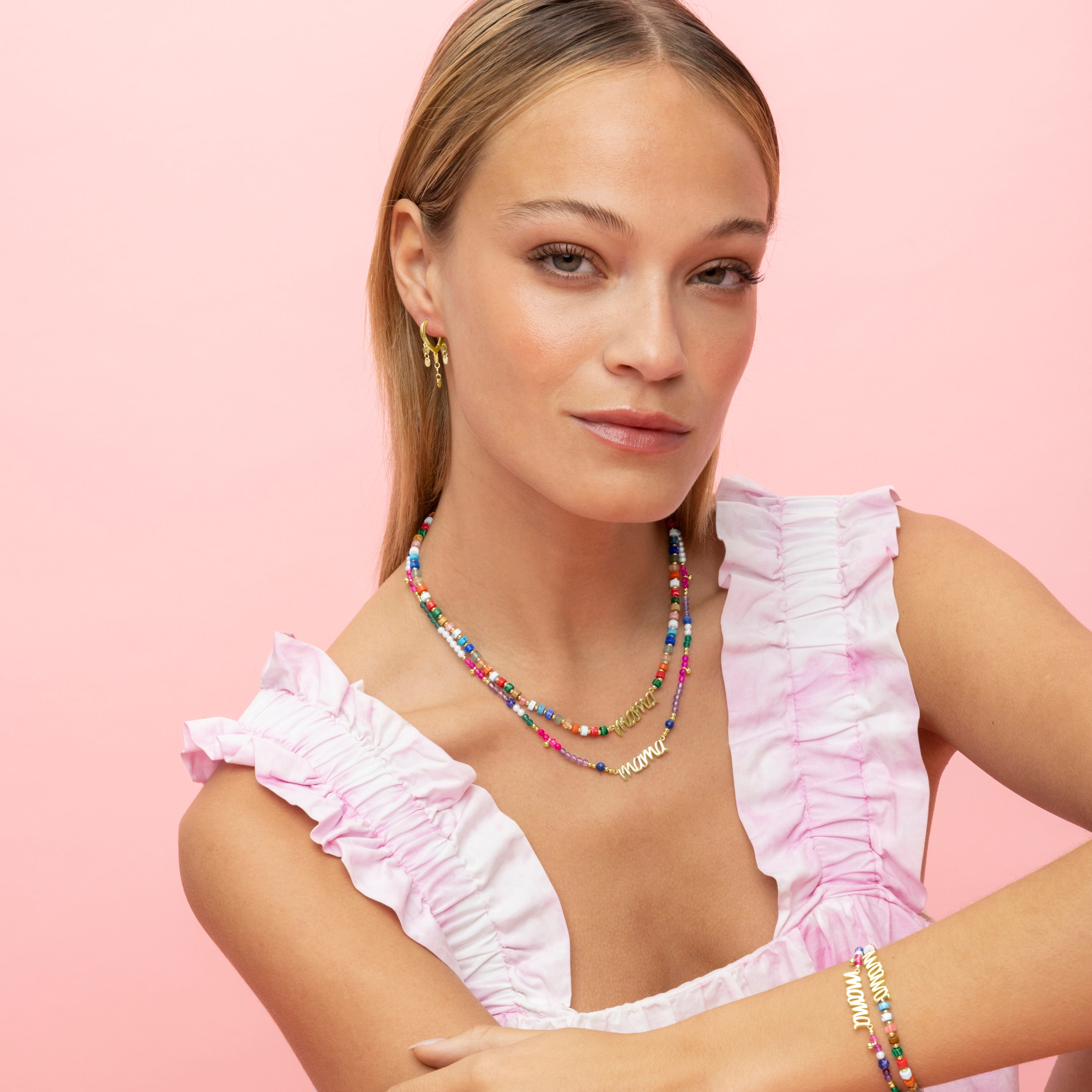 Collar de Plata de Ley 925 y Cristal Multicolor acabado en oro amarillo de 18k - Mama