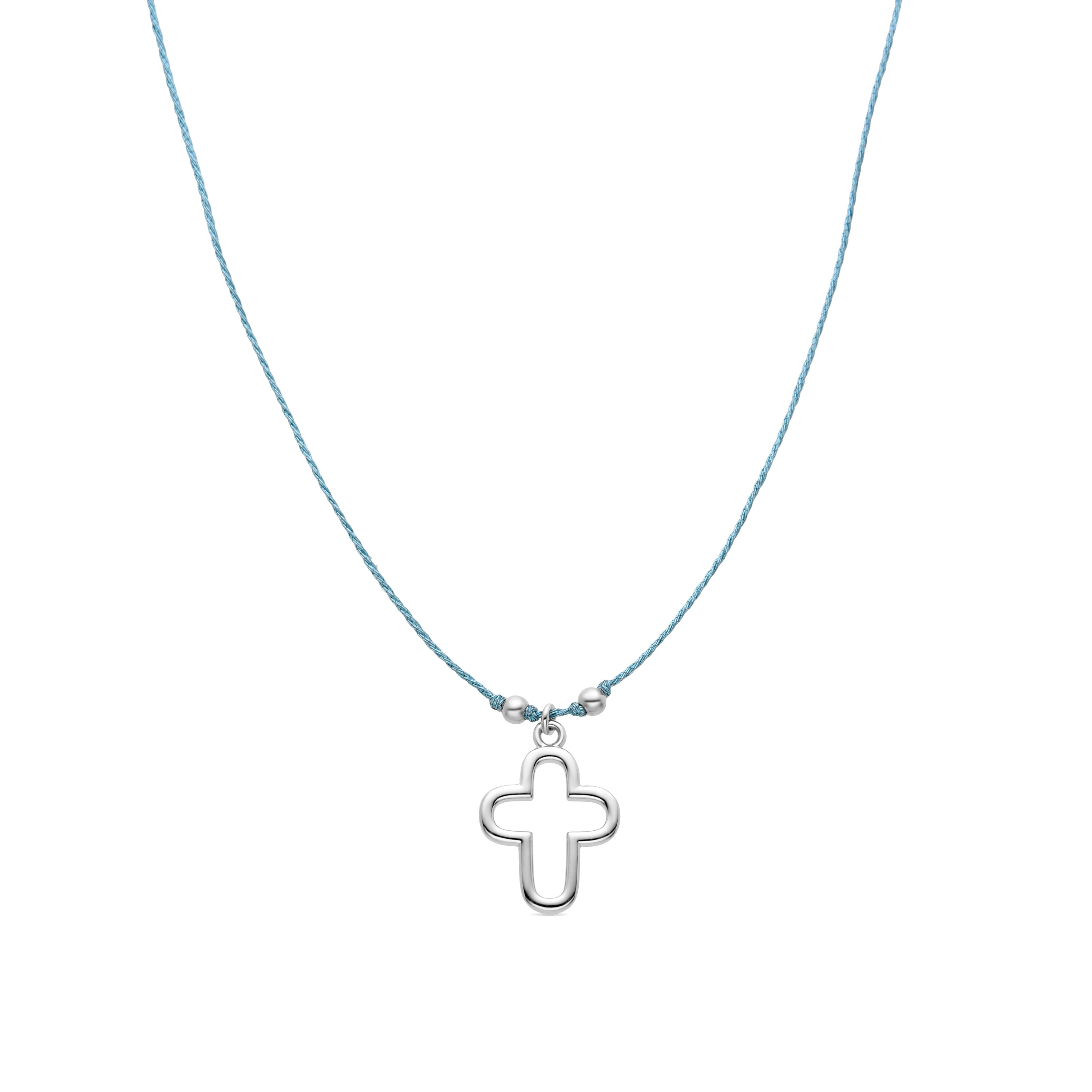 Collar de Plata de Ley 925 y Algodon Azul Claro acabado en oro amarillo de 18k - Cruz