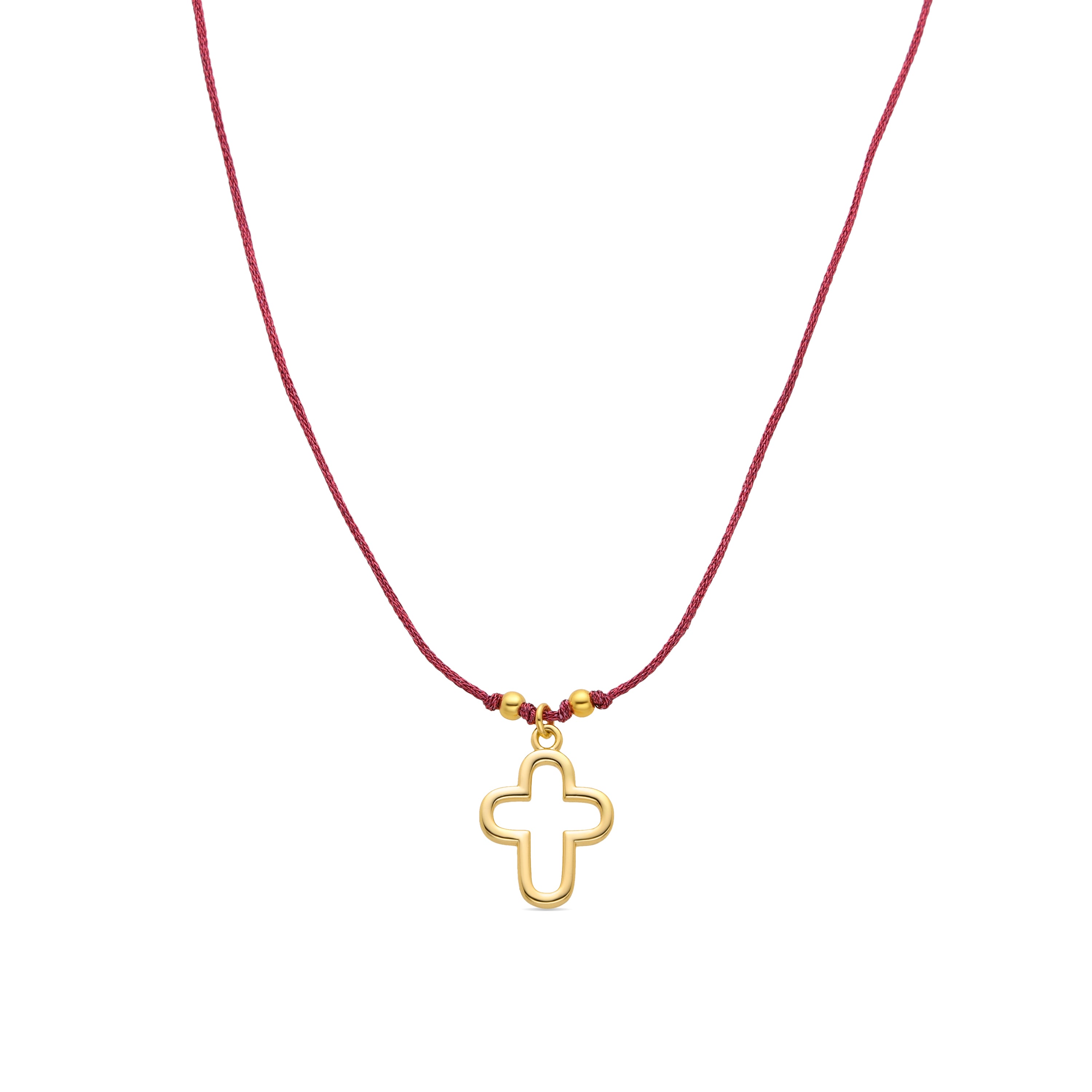 Collar de Plata de Ley 925 y Algodon Rosa acabado en oro amarillo de 18k - Cruz