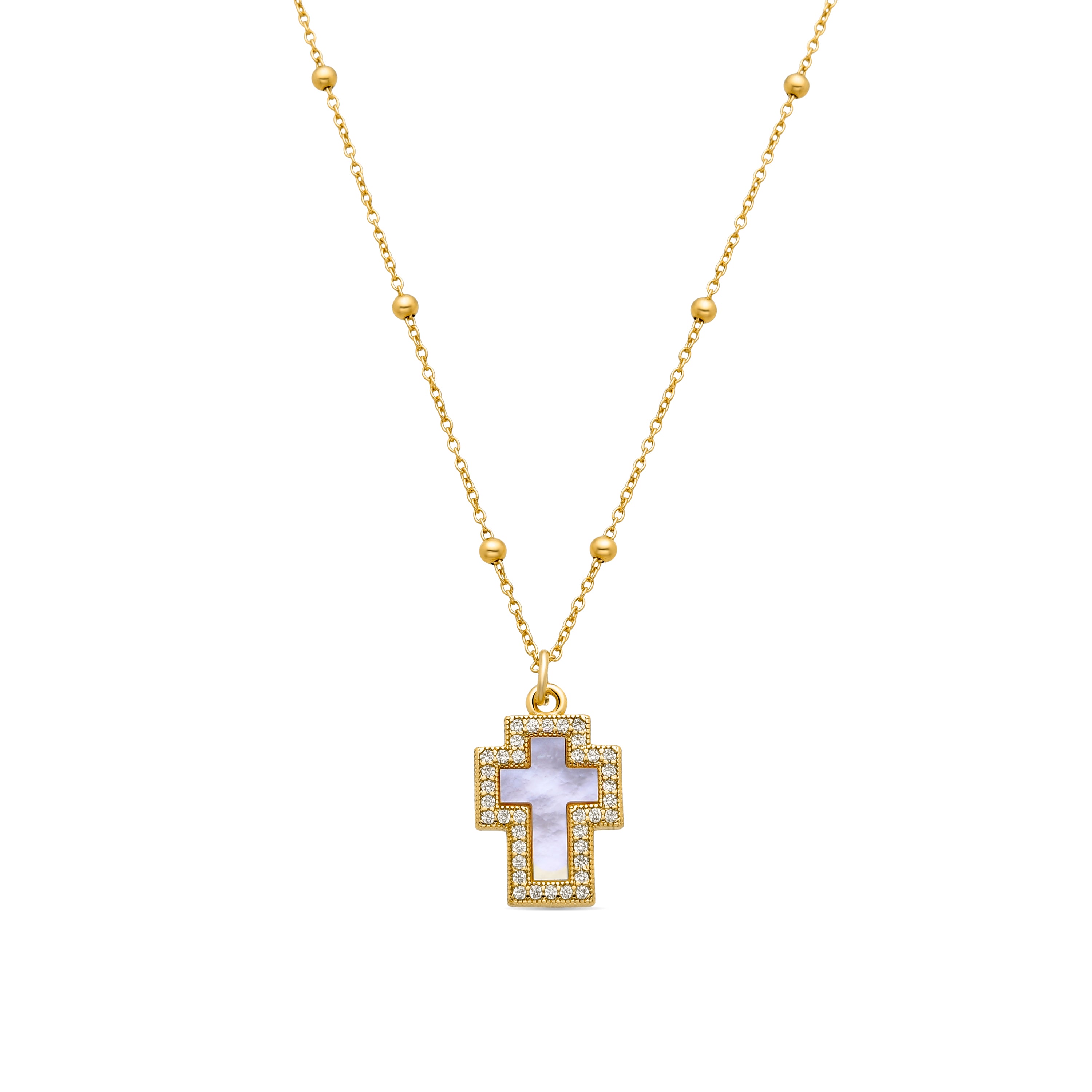 Collar de Plata de Ley 925 y Madreperla Blanca acabado en oro amarillo de 18k - Cruz