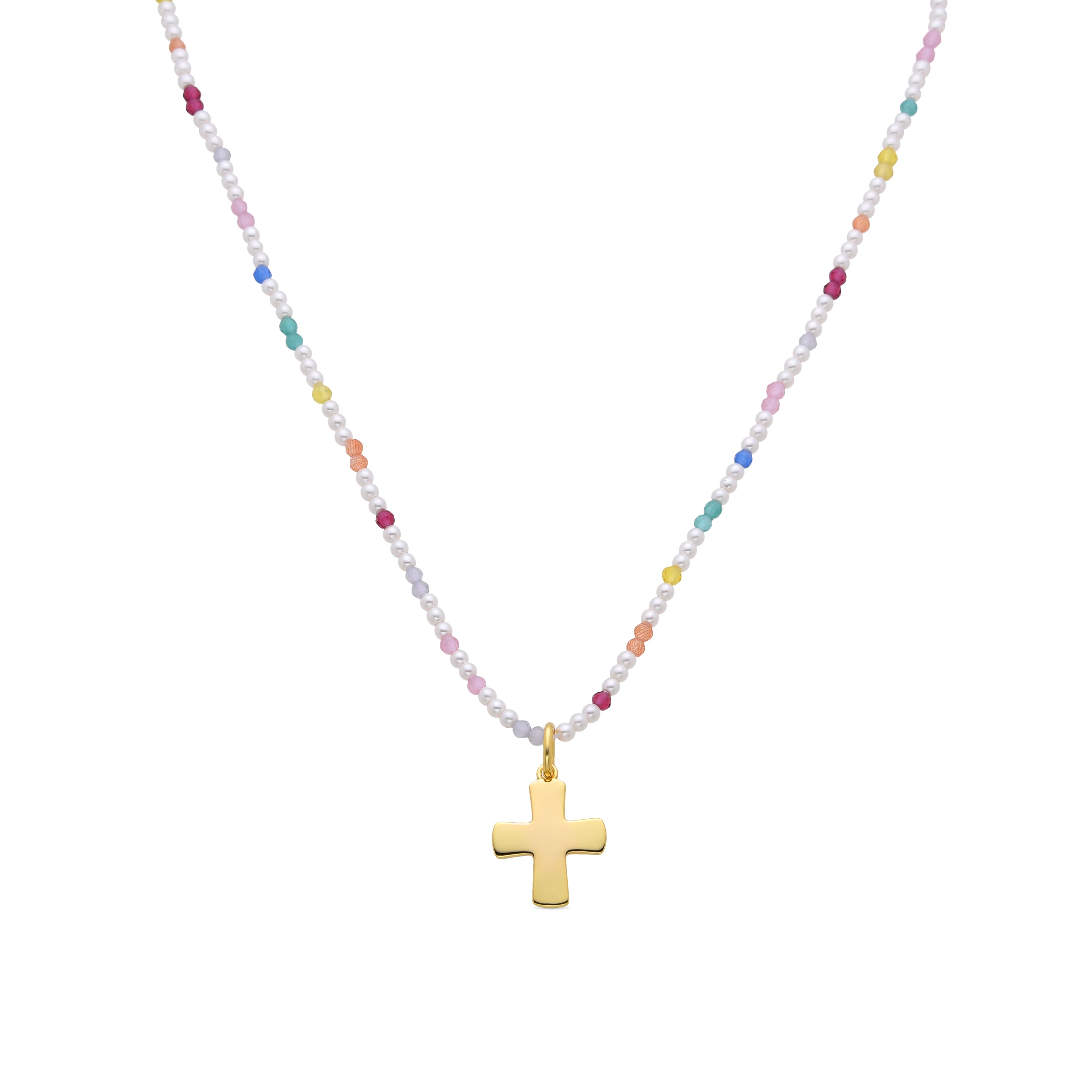 Collar de Plata de Ley 925 y Circonita Multicolor acabado en oro amarillo de 18k - Cruz