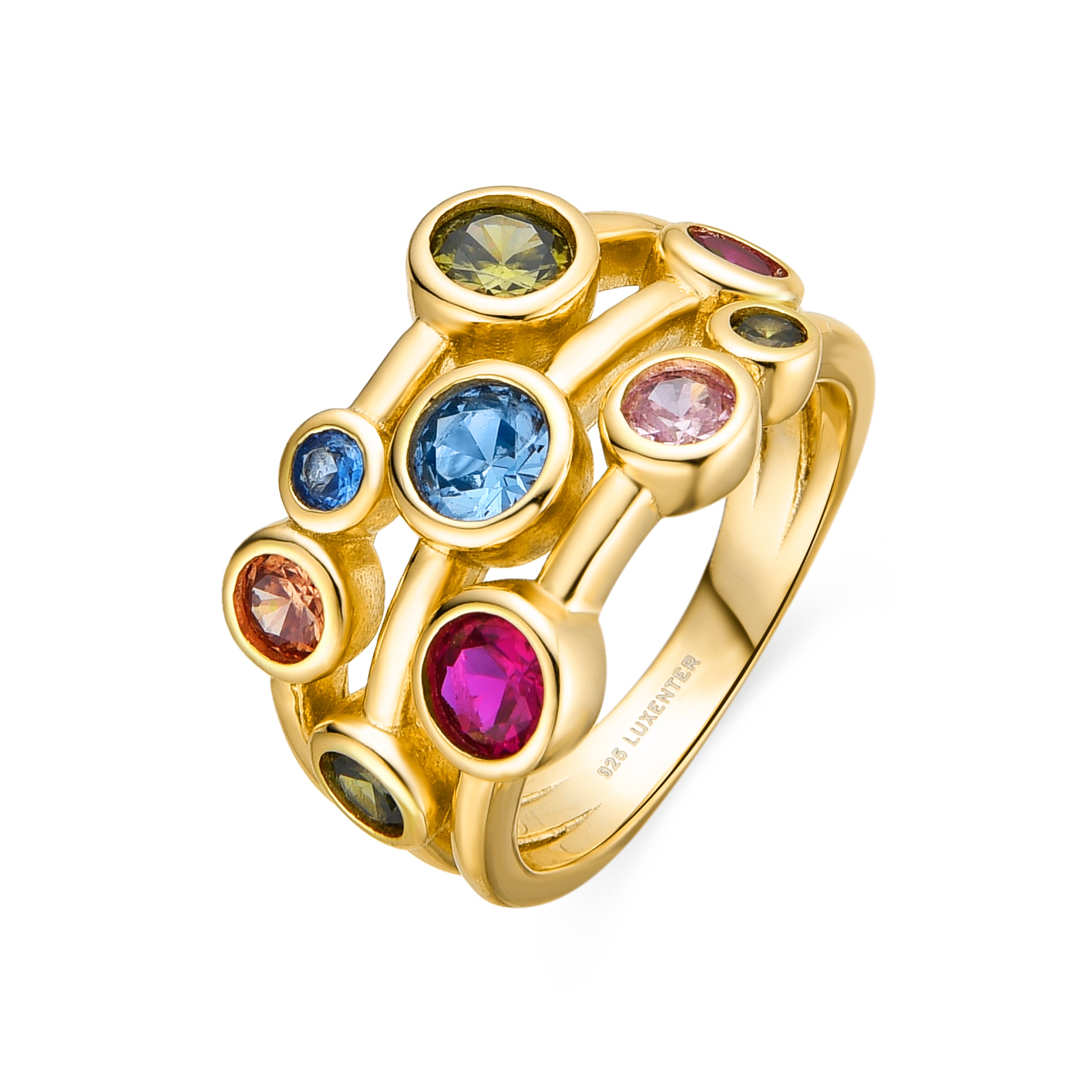 Anillo de Plata de Ley 925 y Circonita Multicolor acabado oro amarillo de 18k - Hambio