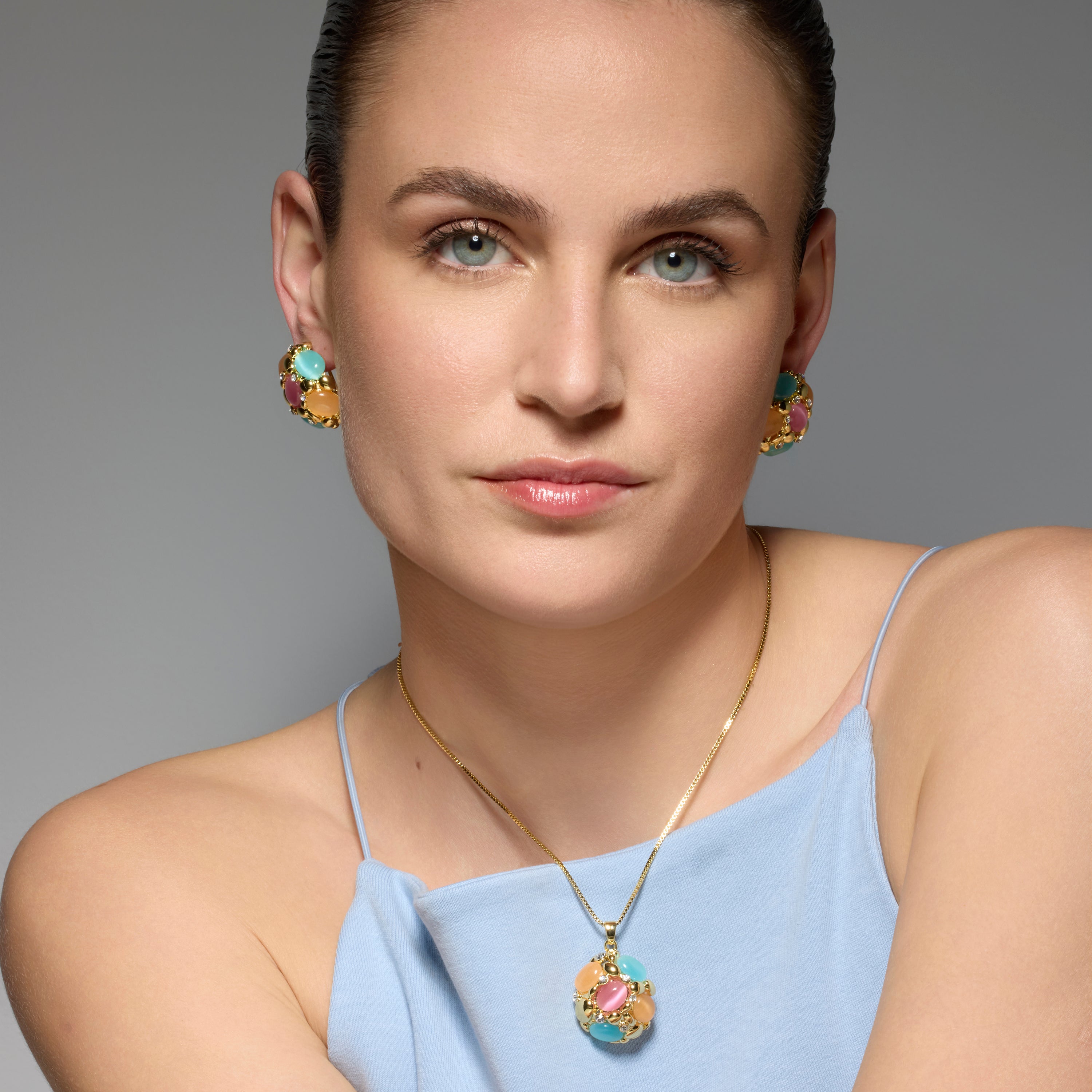 Pendientes acabado oro amarillo de 18k y Ojo de Gato Multicolor - Shyal