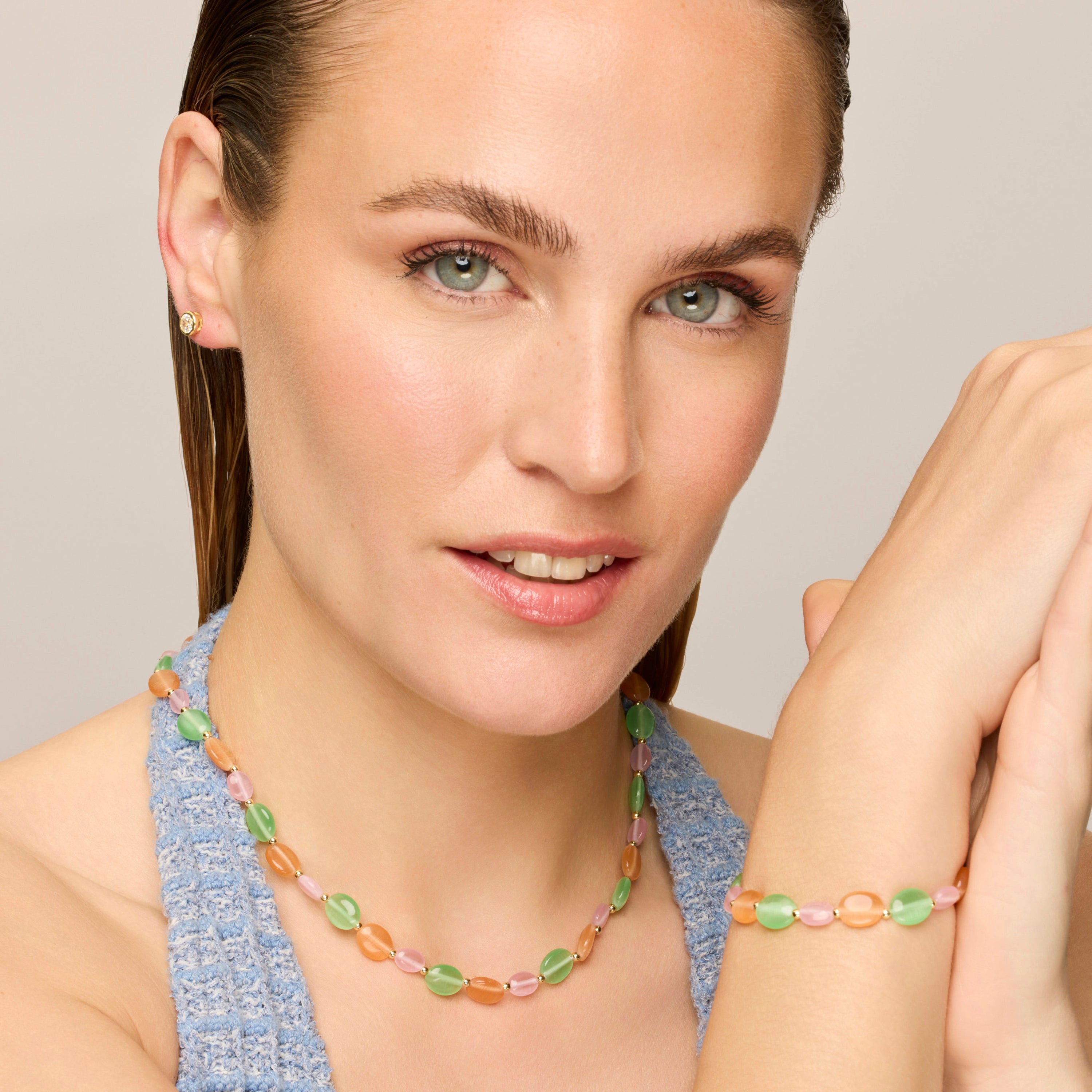 18k geelgouden halsketting en multicolor kattenoog - Gorai