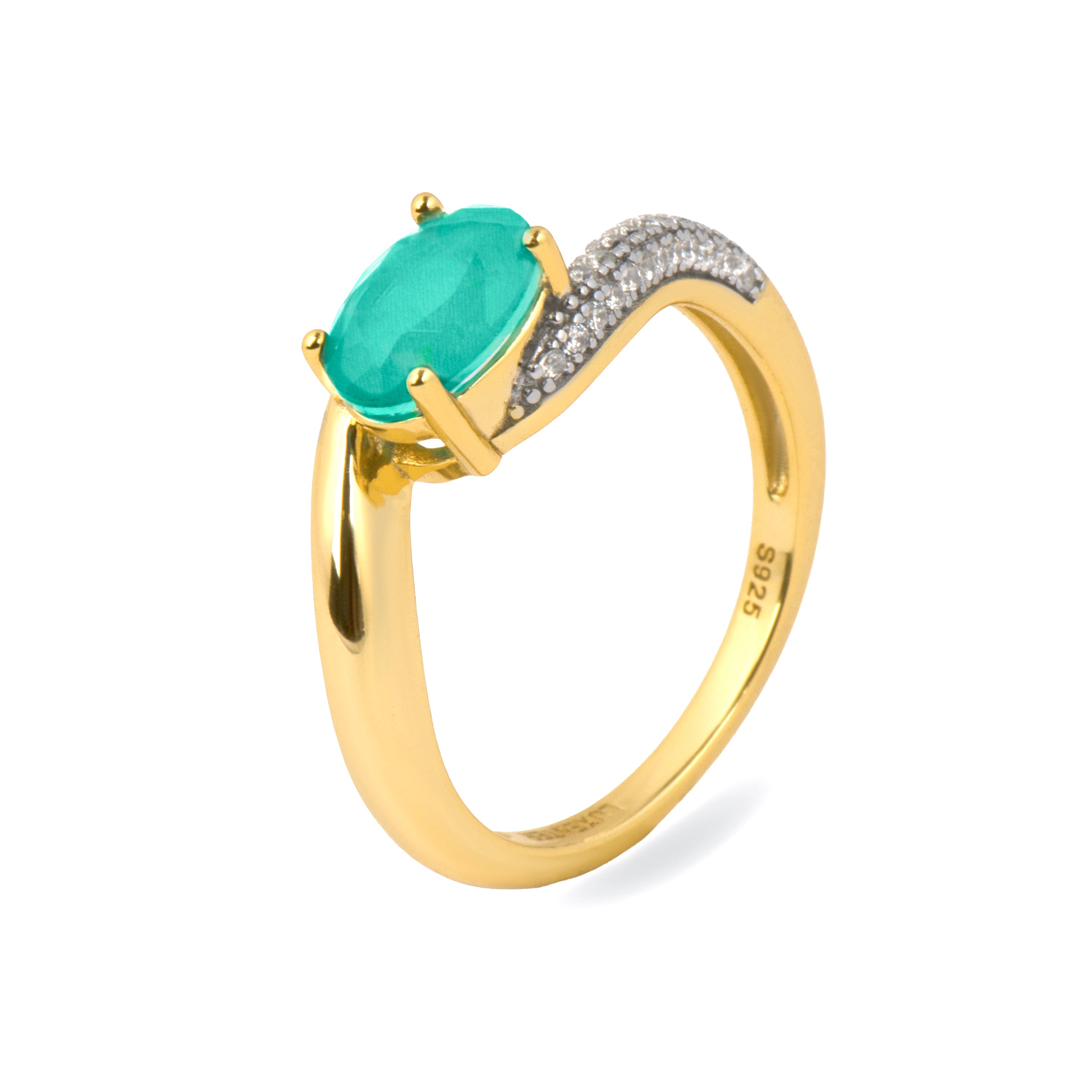 Anillo de Plata de Ley 925 y Cuarzo Hidrotermal Verde Paraiba acabado en oro amarillo 18k - Kou